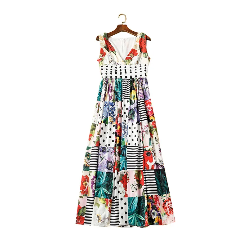 

the new spring and summer 2021 ladies v-neck sleeveless high waist wave point pressure plait printed flower long dress