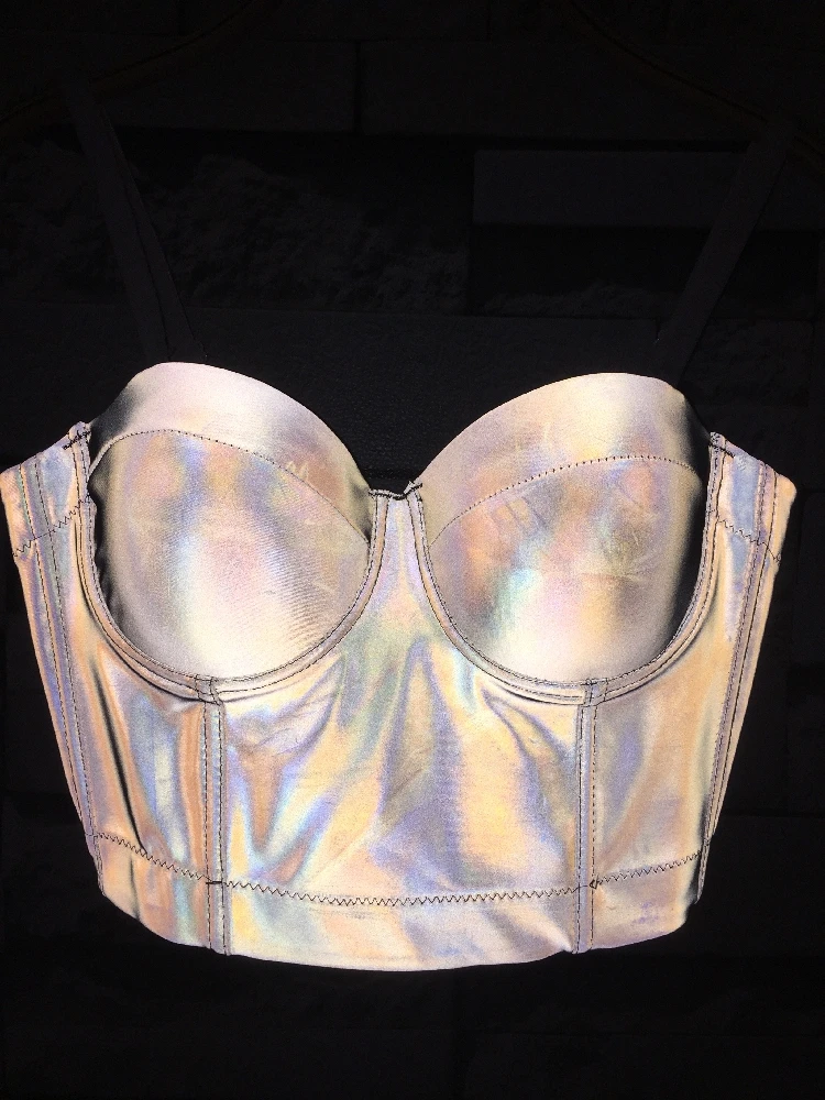 

2019 Reflective Luminous Fluorescent Nightclub Dance Performance Vest Wrapping Steel Rim Bustier Crop Tops H787