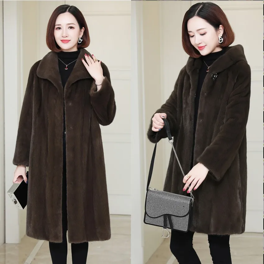 

Lapel Hooded Mink Fur Coat Long Plush Faux Fur Coat Women Wool Female Jacket Autumn Elegant Overcoat