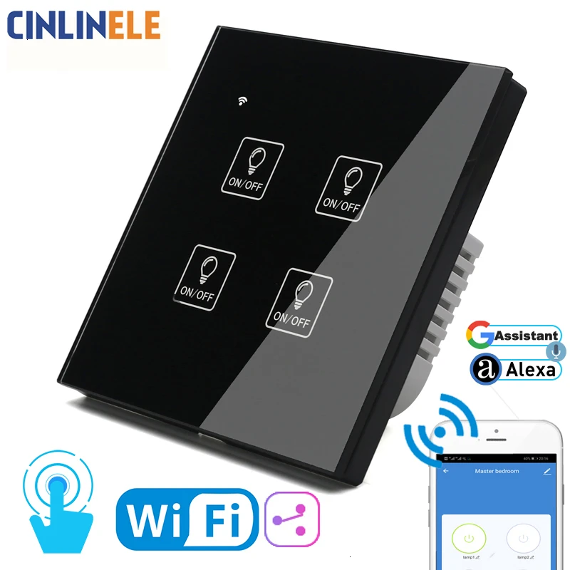 WI-FI сенсорный светильник значок настенный выключатель Черный Стекло Панель синий светодиодный штепсельная вилка стандартов ЕС и Великобритании универсальное автомобильное зарядное устройство с домашний телефон Управление 4 ряда 2 способа реле