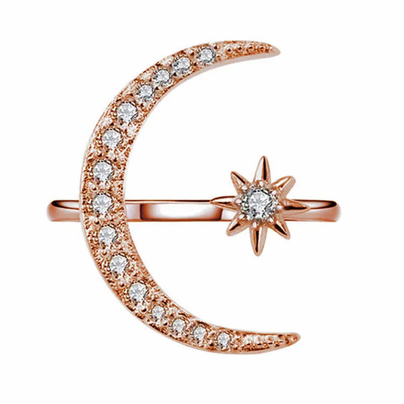 Rose Gold Открытие изменяемое регулируемое кольцо на палец женское Индивидуальность Мода Стразы полумесяц кольцо в форме звезды Подарочное кольцо - Цвет основного камня: Rose Gold