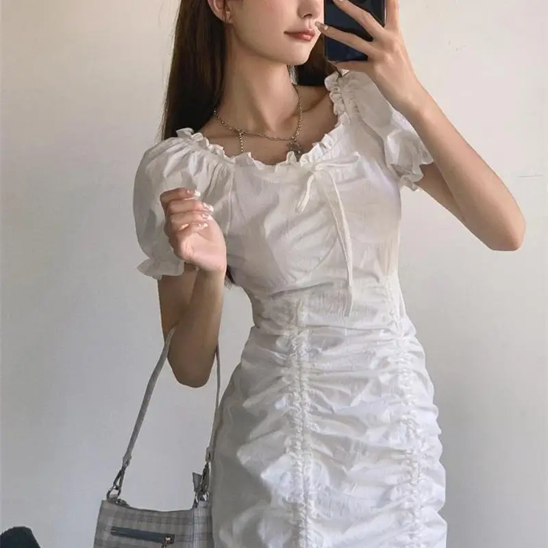 

White Gothic Dress Harajuku 2021 New Y2K Dresses Vintage Square Collar Bandage Bow Puff Sleeve Sweety Ruffle Preppy Dresses