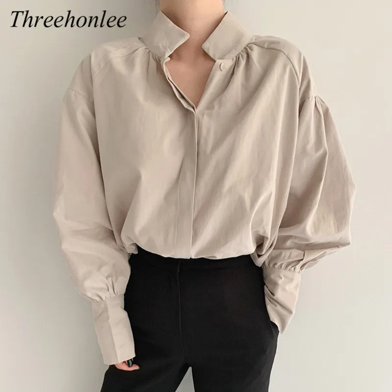

Korean Casual Shirts For Women Vintage Office Ladies Long Puff Sleeve Tops Temperament Loose Solid Blouse 2021 All Match Blusas