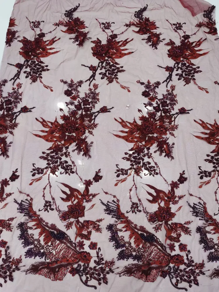 

High-end 3D Handmade With stones embroidery French mesh lace / African lace fabric for Evening dress /wedding dress Green/Pink