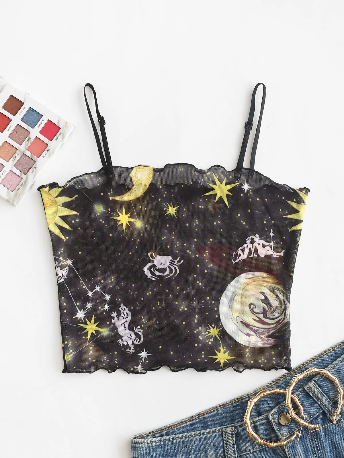 ZAFUL Sun And Moon Lettuce Trim Mesh Cami Top See Through Tank Sexy Sheer Women'S Spaghetti Strap Celestial Short | Женская одежда