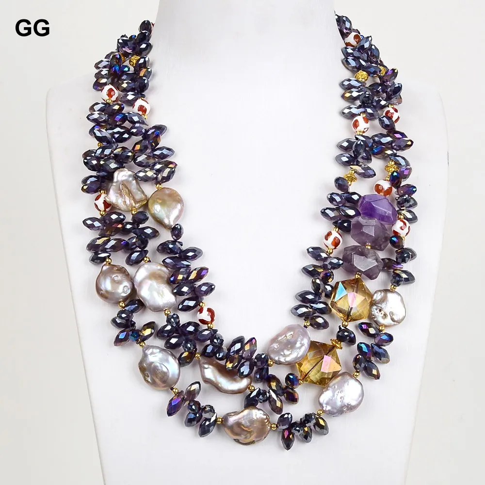 GG joyería 20 '3 hebras púrpura amatista cristal Keshi perla collar