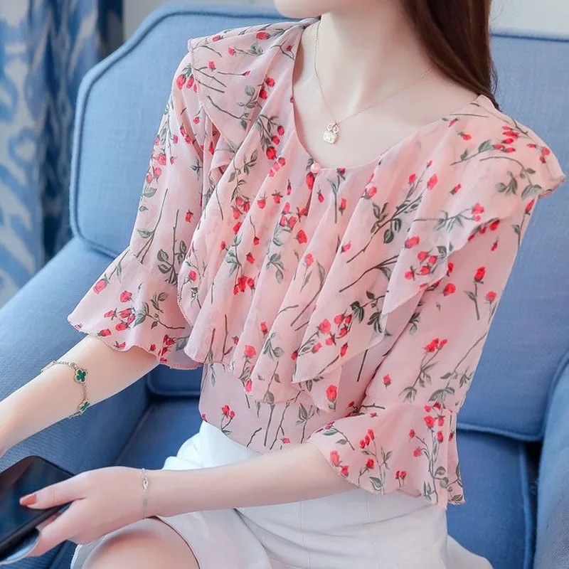 

Summer New Women Round Neck Ruffled Short-sleeved Floral Chiffon Shirt All-match Loose Korean Fashion Blouse Blusa 2021 Y743