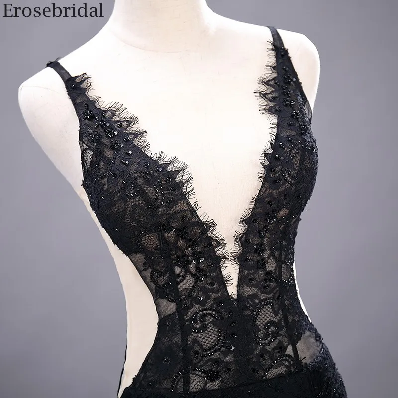 Женское просвечивающее платье Русалка Erosebridal Черное длинное кружевное вечернее