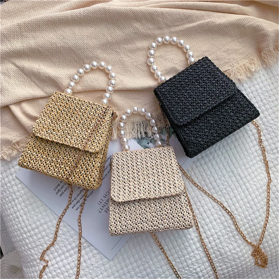 

Chain Pearl Handbag Shoulder Crossbody Ethnic Straw Bags For Women