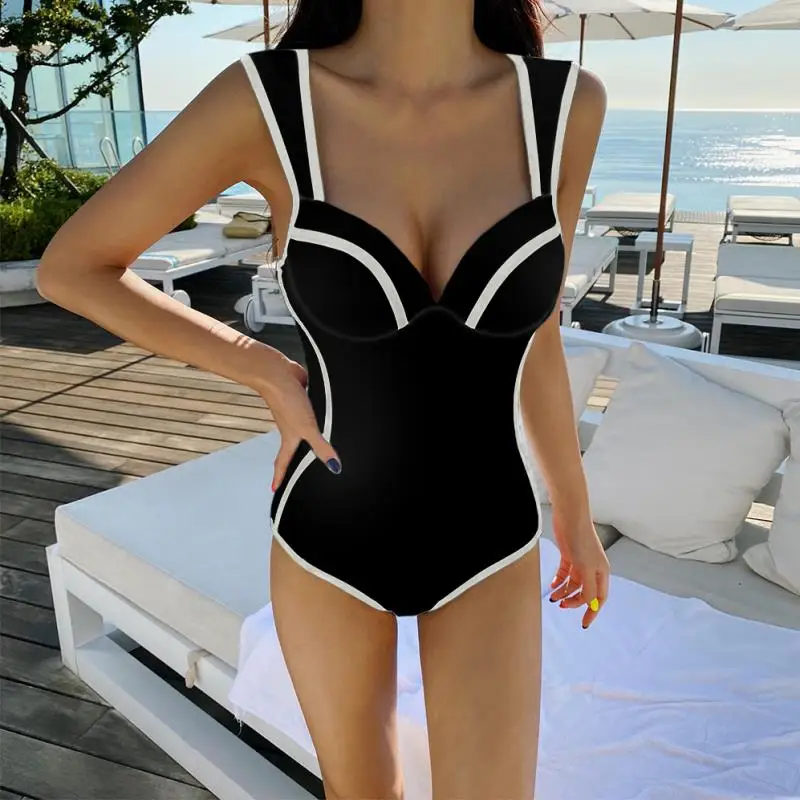 

2021 Summer Ins Hot Sale Suspender Bathing Suit Women One Piece Sexy Floral White Black Beachwear Striped Leaf Monokini Pads