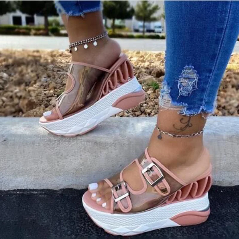 

2020 Women's Slippers Transparent Double Buckle Straps PVC Ladies Platform Sandals SuperHigh Woman Female Hot Summer Slides