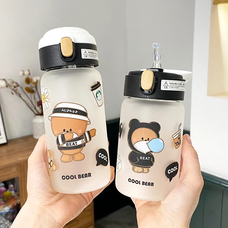 

Bear Frosted Glass Water Bottle with Straws Simple Cartoon Student Creative Trend Portable Cute Female Water Bottle Kawaii