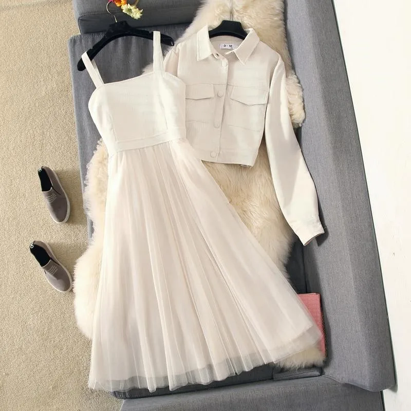 

Модное женское платье, повседневные сетчатые платья на бретелях-спагетти и короткая куртка, женская элегантная одежда