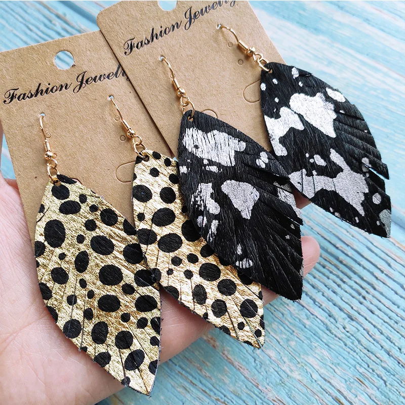 Женские серьги из яловой кожи Cpop сережки с леопардовым принтом перьями и