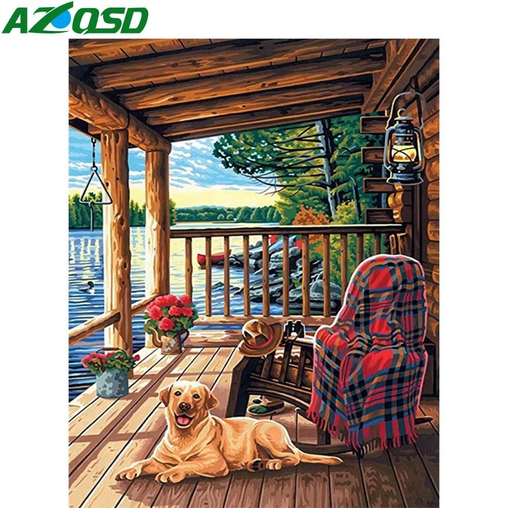 

AZQSD DIY Фото Рамки картина по номерам кабина собака рисунок на холст картина по номерам на холсте Landsape Наборы современного искусства стены по...