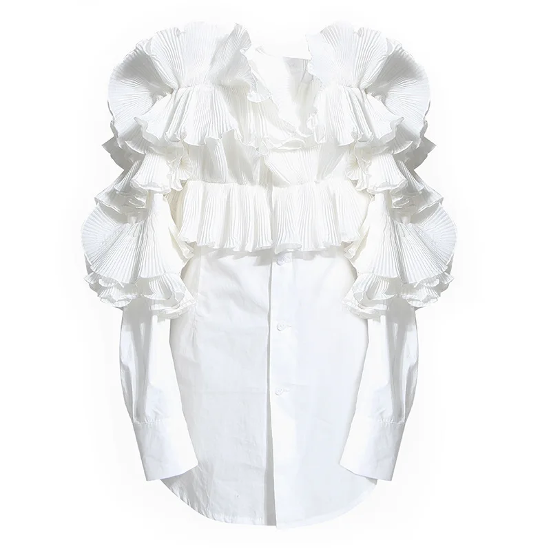 

Ruffles Blouse Female Lapel Collar Off Shoulder Patchwork Zipper Long Sleeve White Shirt Women 2020 Spring Korean 32-5