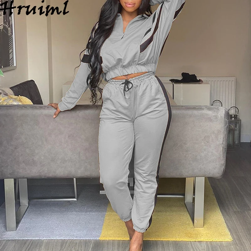 

Fashion Women Sets Batwing Sleeve Turn-Down Collar Strappy Solid 2 Piece Female Sets Crop Tops Fashion Sportswear Autumn Winter