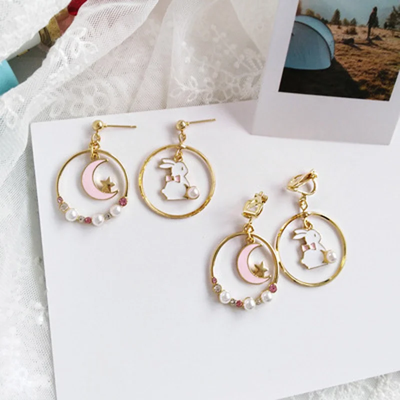 

1Pair Cute Rabbit Drop Earring Korea Fashion Enamel Graze Oil Women Dangle Earrings Moon Star Asymmetry Girl Sweet Jewelry
