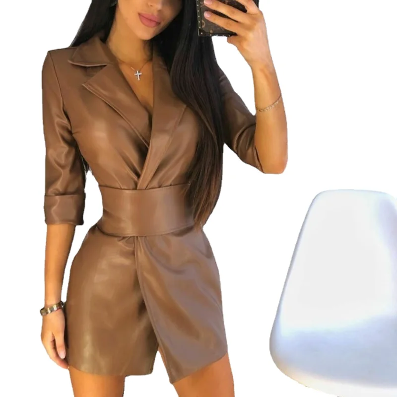 

Autumn and winter new solid PU leather suit collar medium long sleeve women's dress leather coat with belt