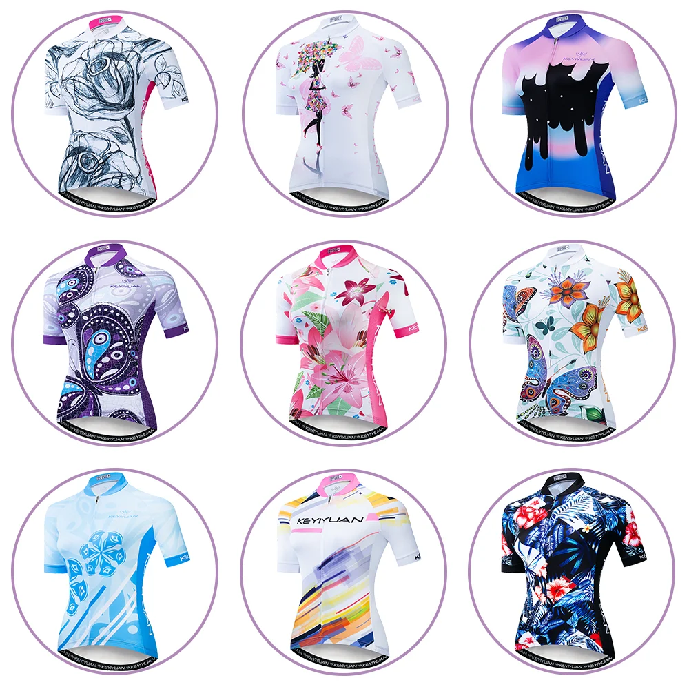 

KEYIYUAN 2023 Women Short Sleeve Cycling Jersey Tops Summer MTB Clothing Bike Shirt Uniforme Ciclismo Mujer Camisas Ciclista