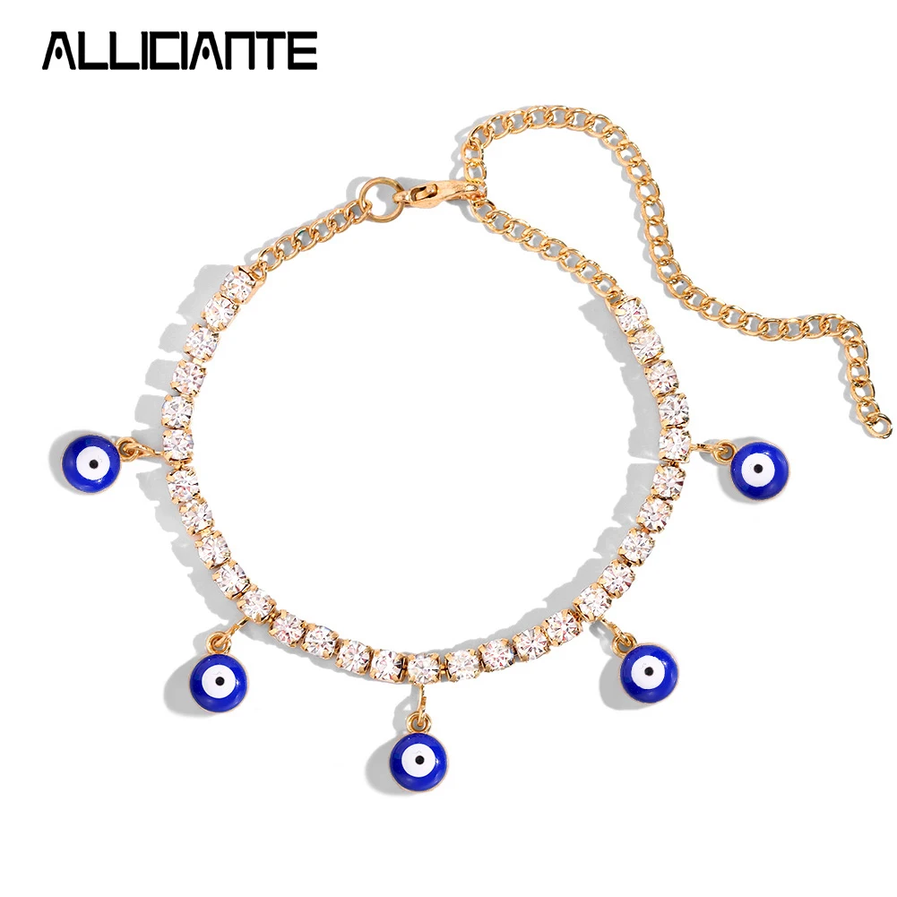 

Blue Turkish Evil Eye Crystal Tennis Chain Anklets For Women Lucky Eye Gold Color Rhinestone Chain Anklets Boho Beach Jewelry