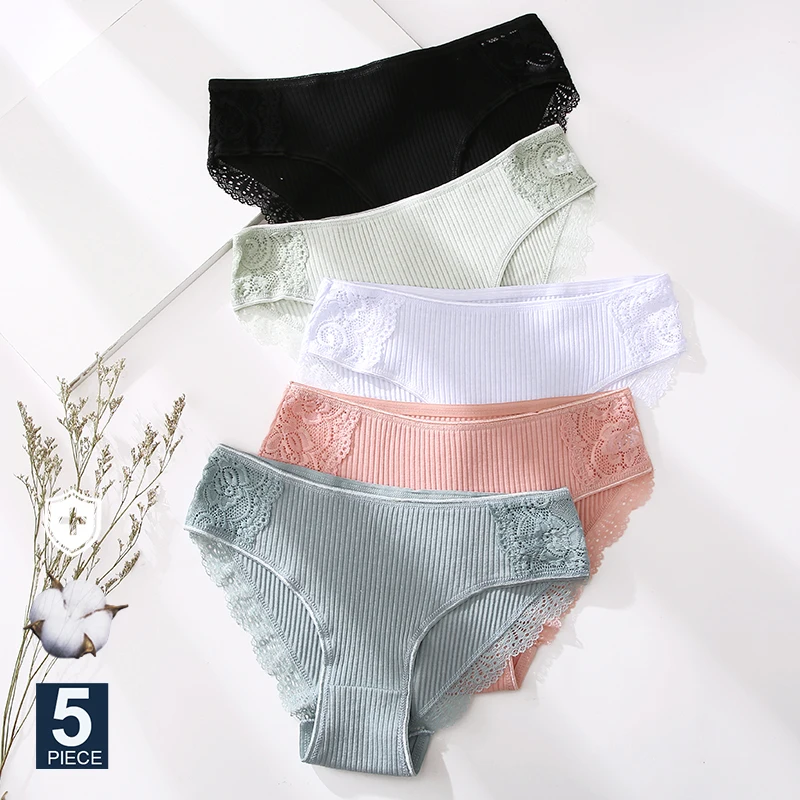 

FINETOO 5PCS/Set Women Cotton Underwear Panties Floral Lace Soft Intimates Underpant For Woman Sexy Ladies M-XXL Lingerie Panty