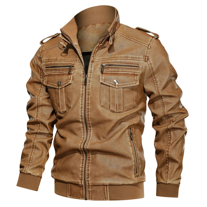 Autumn washed motorcycle PU leather coat large loose Multi Pocket men's leather coat