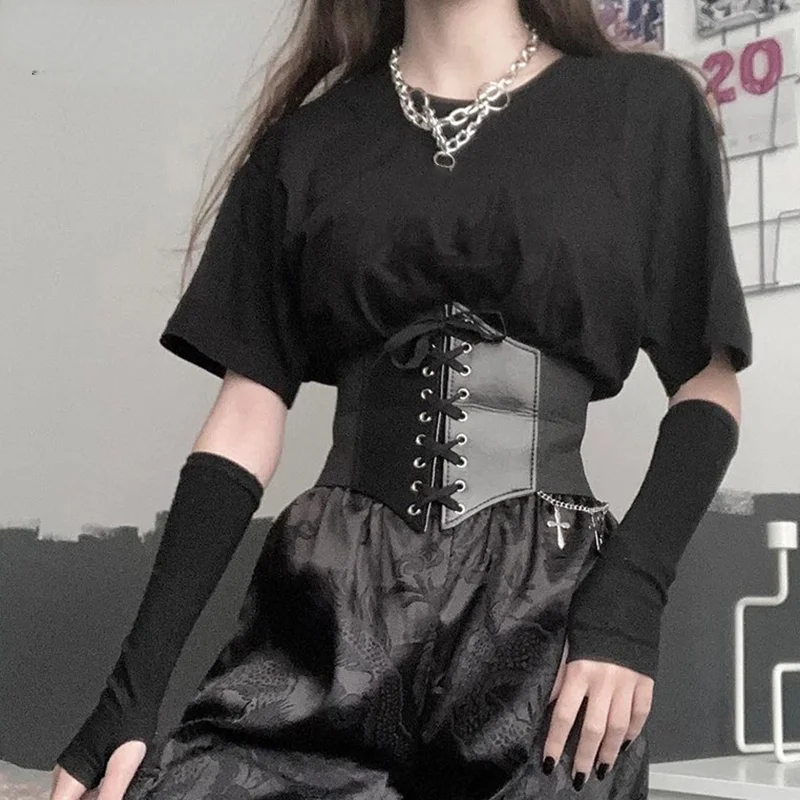 

Darlingaga Gothic Dark Lace Up Crop Top Women Corset Belt Slim Cummerbunds PU Leather Top Harness Bustier Tops To Wear Out 2021
