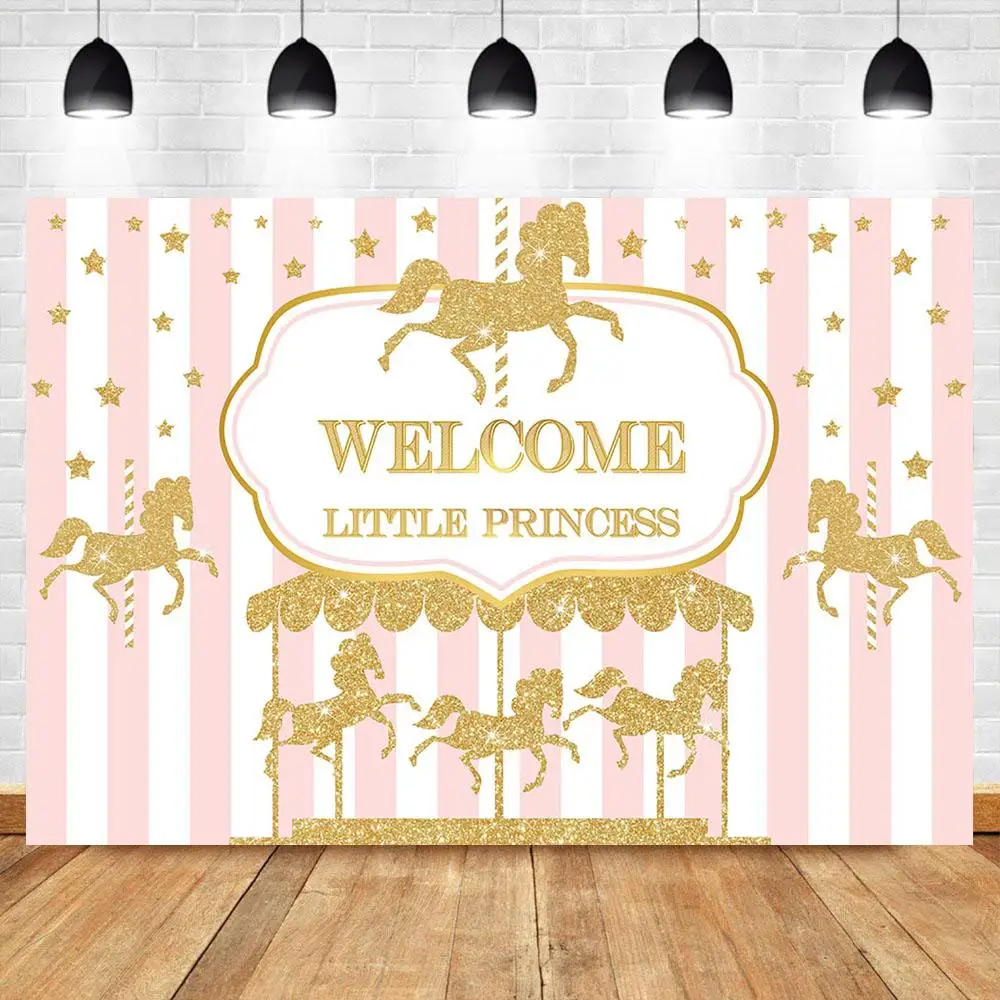 

Добро пожаловать маленькая принцесса Baby Shower фон Золотая карусель Baby Shower фото фон розовый белый полосатый фон для фотосъемки