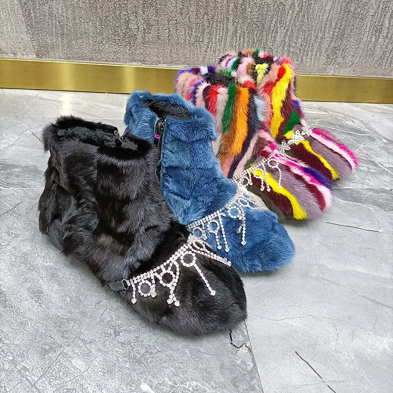 

Женские ботильоны из натурального меха норки Стразы с кристаллами на цепочке теплая зимняя обувь для снега толстые радужные цвета Новинка