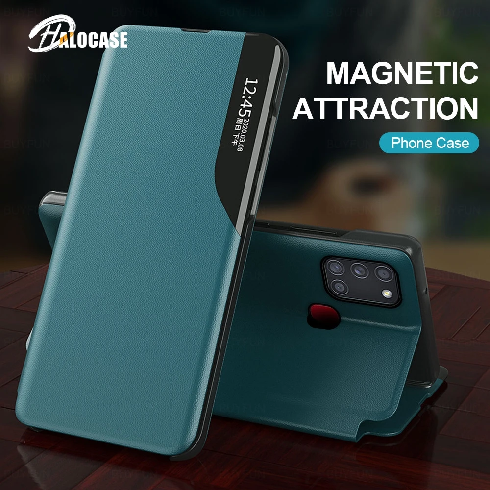 

smart window leather flip cover for samsung galaxy a12 m51 m31s m31 m21 m30s a21s a31 a51 a10 a20 a30 a50 a70 magnet stand case