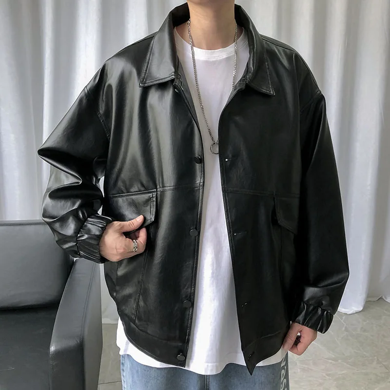 

2021 Spring New Loose Soft Leather Jacket Single Breasted Jacket Men Casual Biker Jacket Men Jacket Leather Large Size XXL