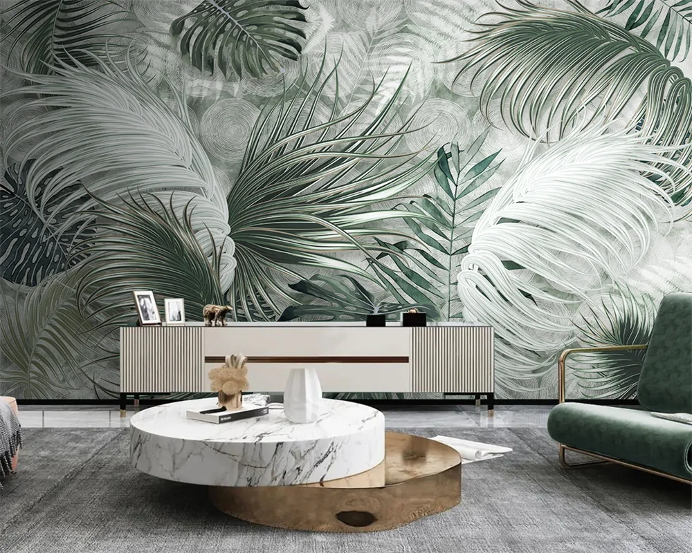 

beibehang papel de parede Custom Nordic Modern Minimalist Tropical Plant Green Leaf Line TV Background Wallpaper papier peint