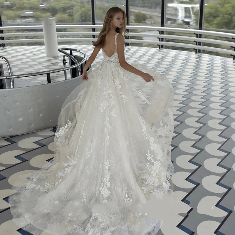 

New Delicate Lace Wedding Dresses Backless V Neck Vestidos de Noivas Appliques Engagement Bridal Party Bride Robe De Mariée