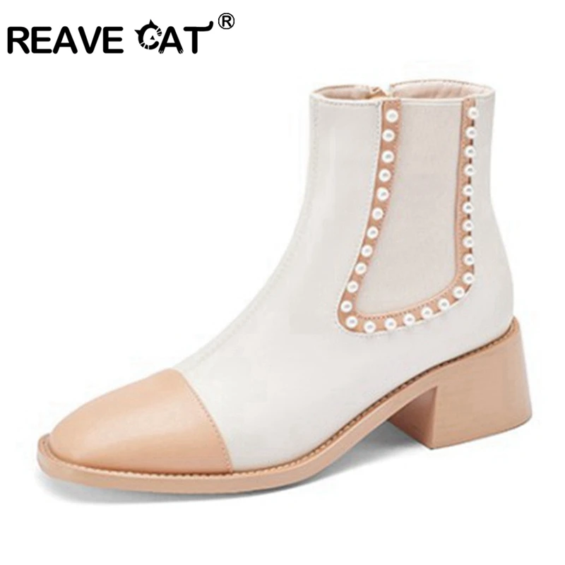 

REAVE CAT 2021 New Designer Brand Ankle Boots for Women Zip Beads Patchwork Mixed Color Square Low Heel Black White 31-43 S2438