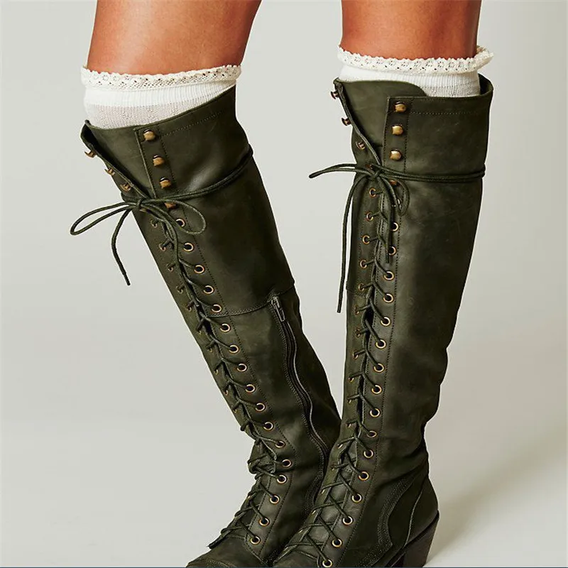Женские сапоги на высоком квадратном каблуке шнуровке|Сапоги до колена| |