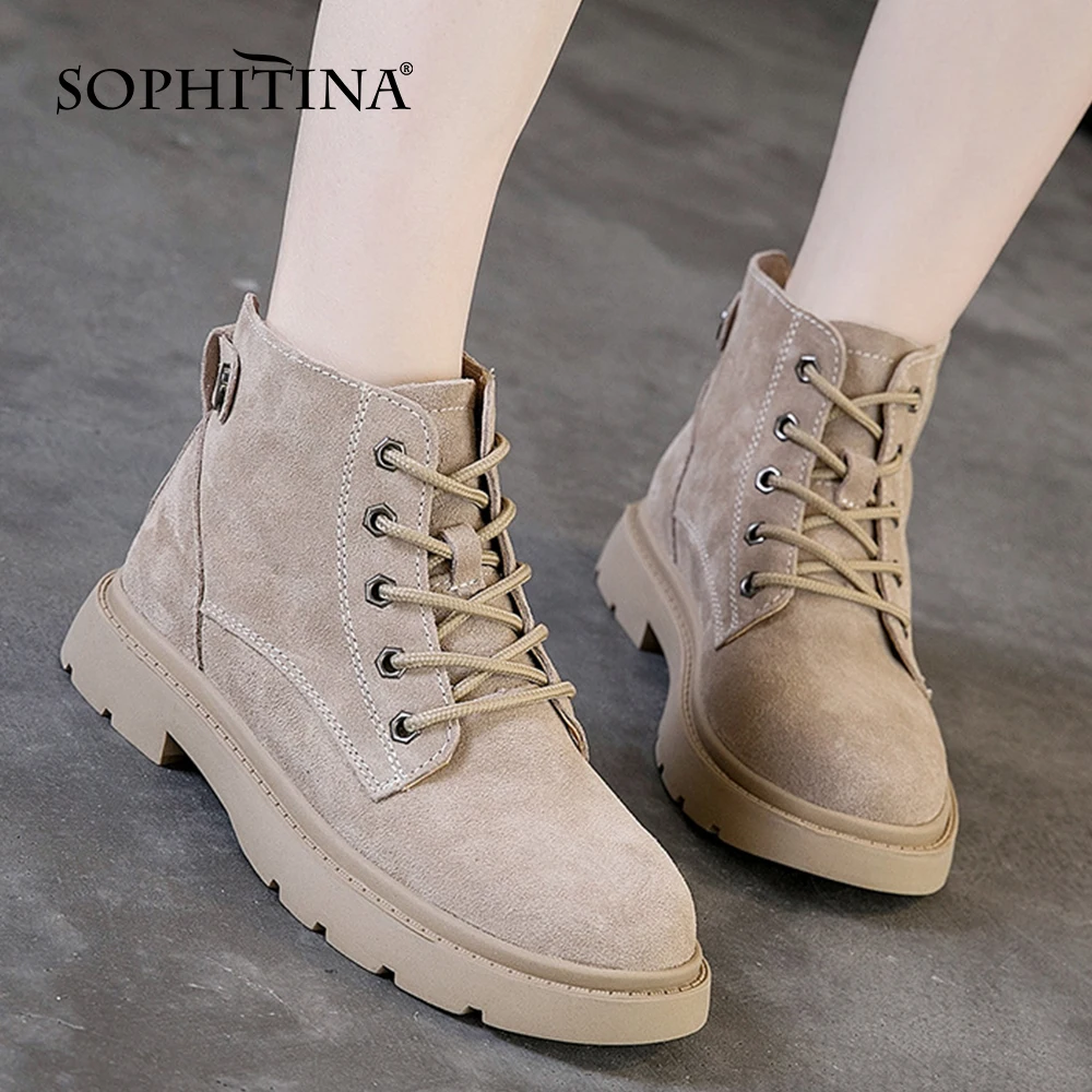Murah Sepatu Bot Wanita SOPHITINA Kulit Sapi Gaya Inggris Sepatu Modis Pendek Berenda Sepatu Bot Pergelangan Kaki Wanita Baru Buatan Tangan Antiselip Datar HO538