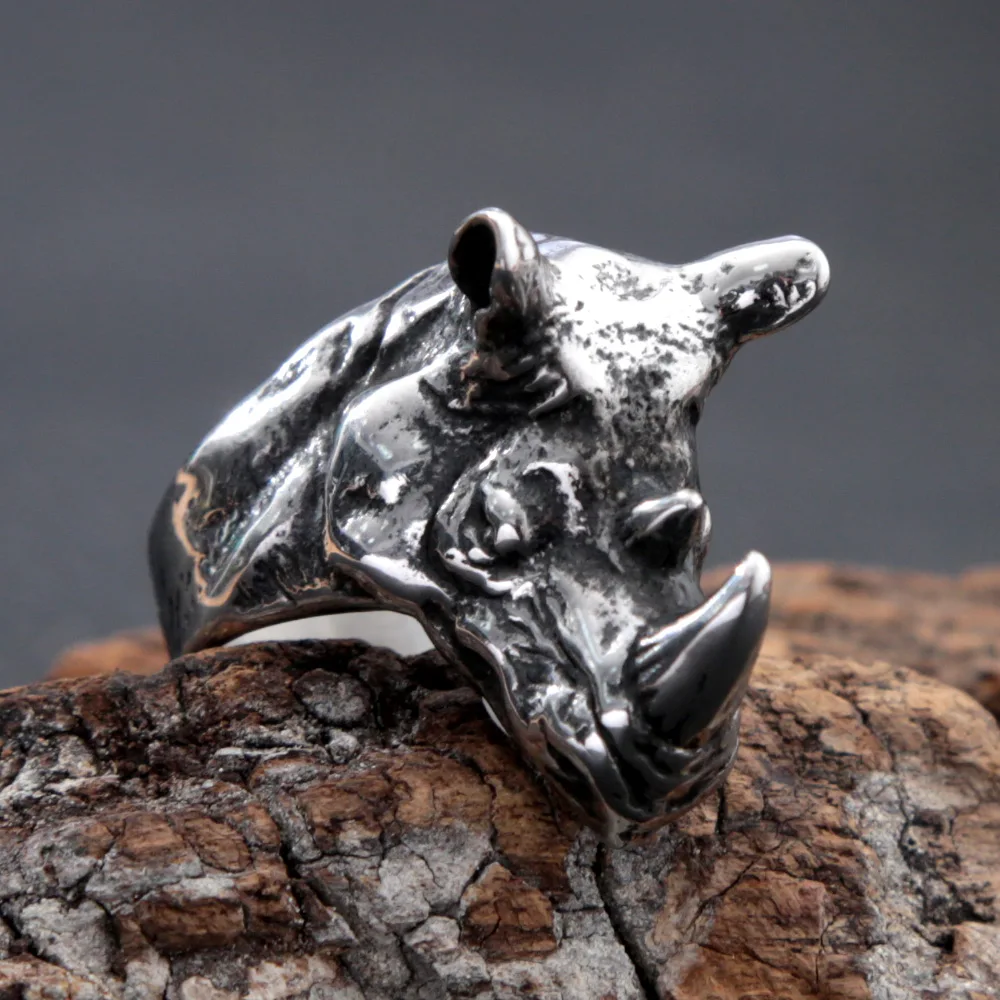 

Punk Hip Hop Rhino Head Ring Detailed 316L Stainless Steel African Animal Ring For Men Women Rock Biker Jewelry Dropshipping