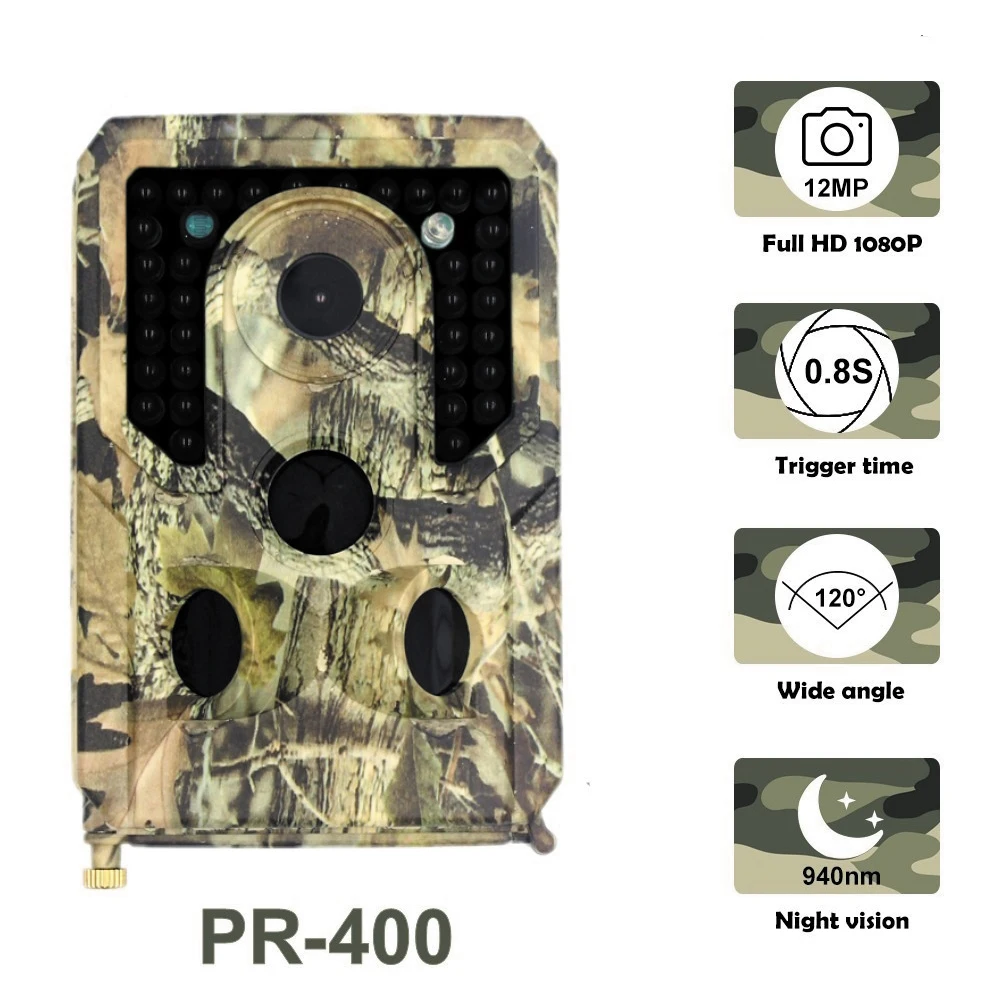 

New PR-400 Trail Camera 12MP 1080P 34pcs Infrared LEDs 940nm Hunting Camera IP56 Waterproof 120 Degree Angle Wild Camera 2021