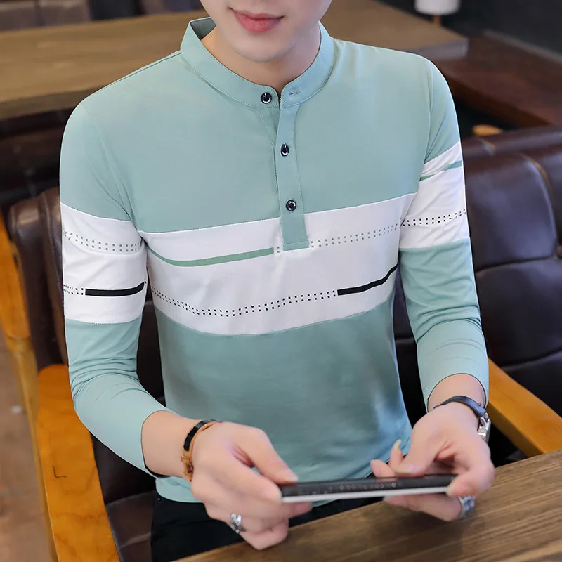 

2021 Spring & Autumn New Slim Wild Stand Collar Simple Striped Casual Stretch Plus Size Men Long Sleeve Polo Shirt Free Shipping