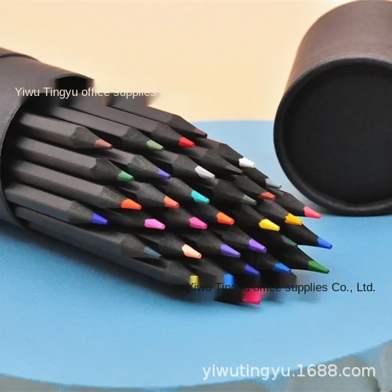 

36 Colored Black Wood Colored Pencil Barrel Black Wood Colored Lead Hexagonal Black Paper Tube Pencil