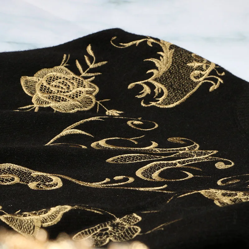 Vintage Autumn Winter 2020 Women Runway Designer Black Floral Embroidery Long Sleeve Knitted Sweaters Pullovers | Женская одежда