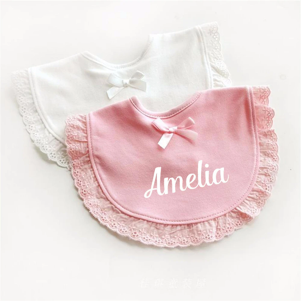 Toalla de dormir personalizada para ni&ntilde;os peque&ntilde;os, Baberos para Saliva, nombre personalizado, regalos de fiesta de Baby Shower, toallas de encaje con lazo-0