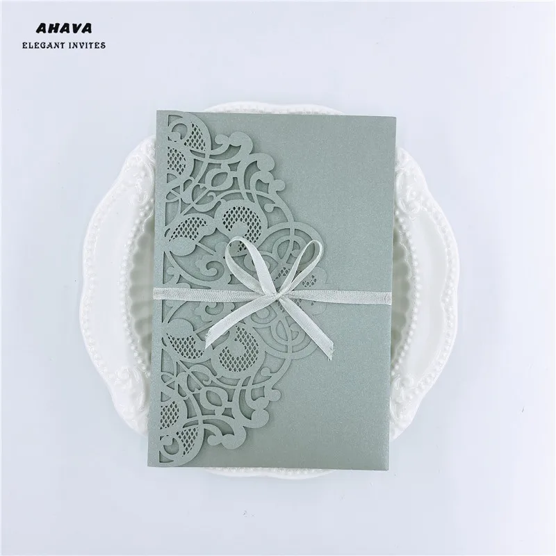 

free shipping 50X Laser Cut Tri-fold grey Lace floral pocket fold Wedding Invitation Card Invite RSVP Customize envelope