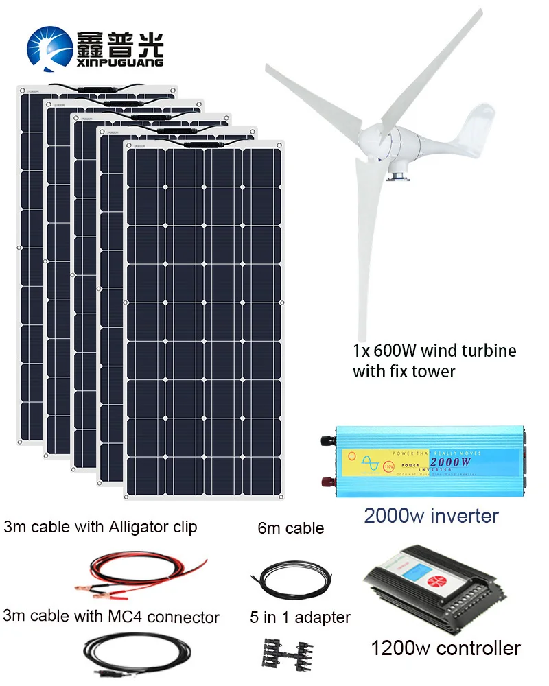 XINPUGUANG 600W ветряных турбин двигателей 500w солнечных батарей Гибридный дом Модуль мобильный Dc 12v 1100W домашняя солнечная система солнечной энергии - Цвет: 110V
