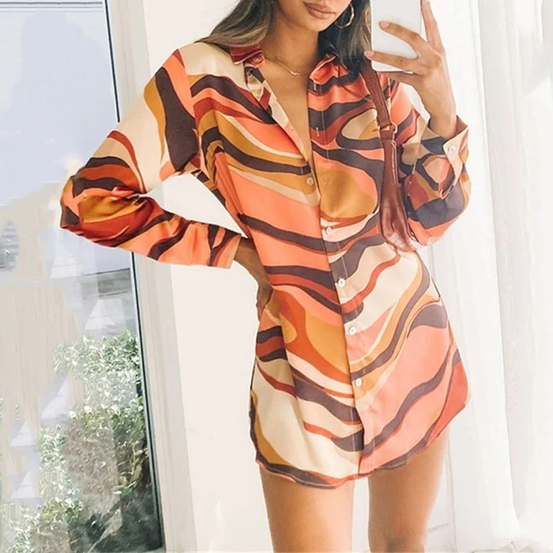 

Print Single-breasted Casual Shirt Dresses Women Autumn New Fashion Long Slevee Loose Dress High Street Female Outwear