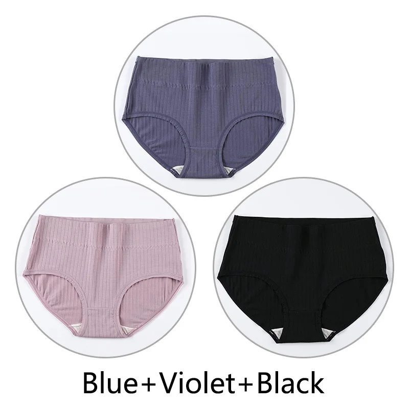 Blue Violet Black 3 шт. Трусики с высокой талией женские Натуральные Шелковые антибактериальные промежности 4XL Большие размеры трусы мягкие дышащие размер плюс нижнее белье бесшовные - Цвет: Blue Violet Black