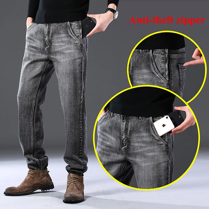 2021 Spring and Autumn New Mens Products Jeans Fashion Business Casual Regular Fit Men's Stretch Slim Jeans Smoky Gray Black