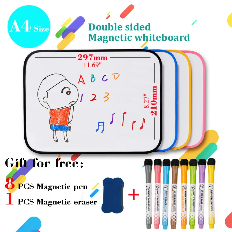 

A4 Size Magnetic WhiteBoard Dry Erase Small White Board Double-sided Writing Kids Drawing Board Silicone Protective Edge