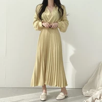 2021 autumn new korean one piece v neck womens dress elegant contrast pleated a line chiffon vestidos de mujer casual dresses